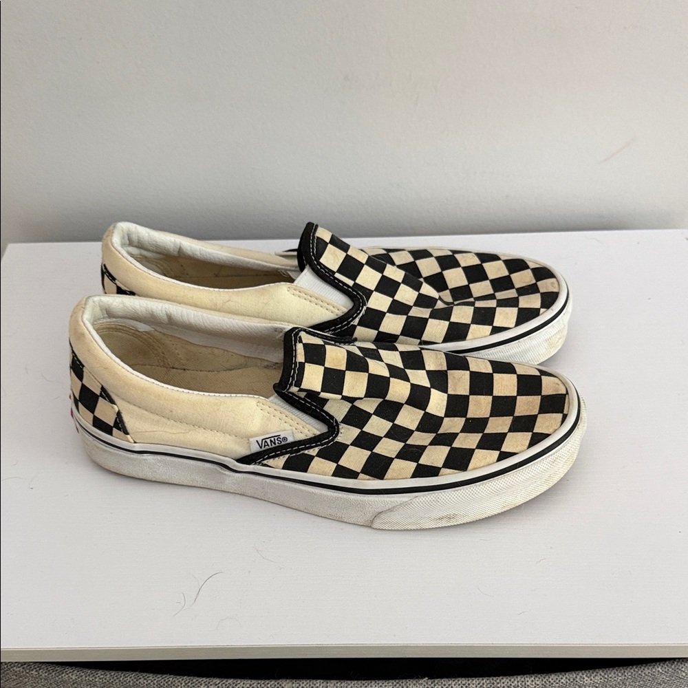 Vans Black and Cream Checkerboard Slip-Ons